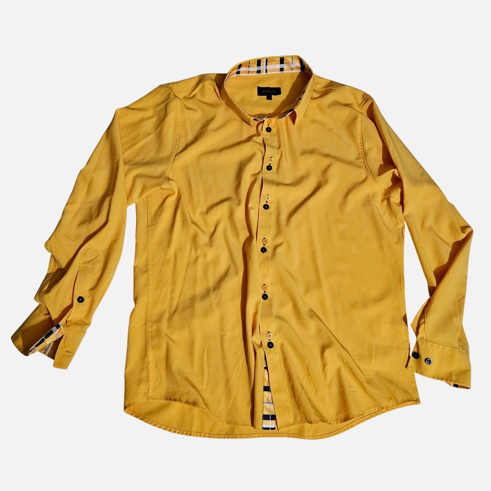 DiBanGu Mens Silk Blend Button Down Shirt Yellow Plaid Trim Long Sleeve Large